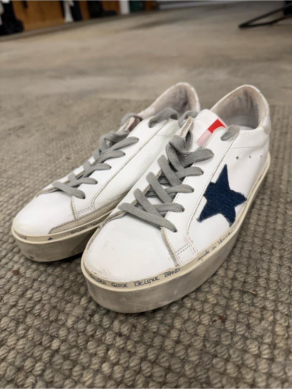Golden Goose White Sneakers with Denim Star and Gray Laces - Picture 1 of 5